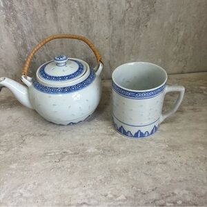 Oriental Rice Grain Pattern Tea Pot With Matching 12 Oz mug Vintage EUC Chinese